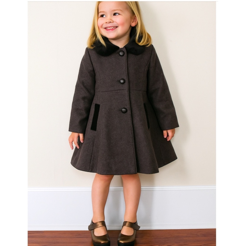 Rothschild Gray Faux Wool Black Velvet Trim Back Bow Adorable Peacoat 2T - Picture 1 of 16